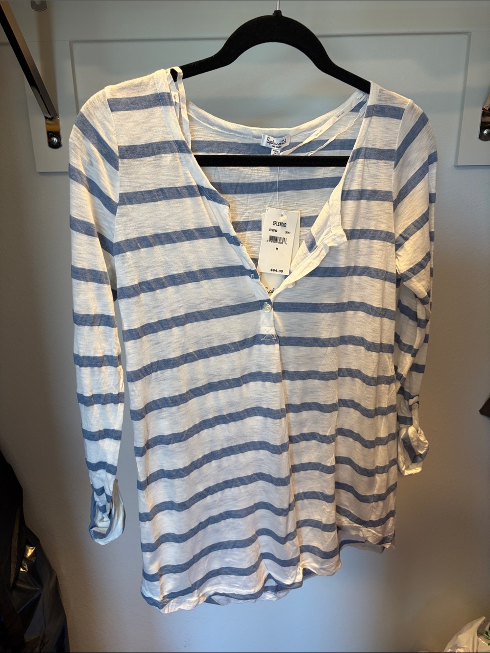 Splendid White and Blue Striped Long Sleeve Henley